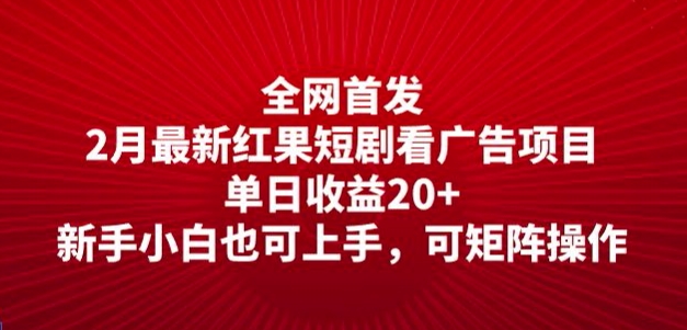 全网首发，2月最新红果短剧看广告项目，单日收益20+，新手小白也可上手，可矩阵操作-灰子网创