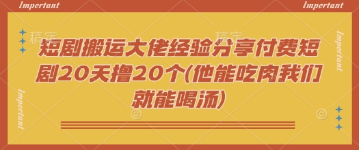 短剧搬运大佬经验分享付费短剧20天撸20个(他能吃肉我们就能喝汤)-灰子网创